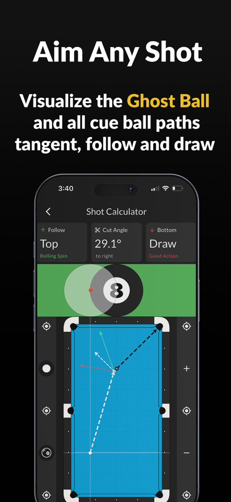 Smartphone screen showing a pool shot calculator app with ghost ball visualization and cue ball path predictions for billiard training