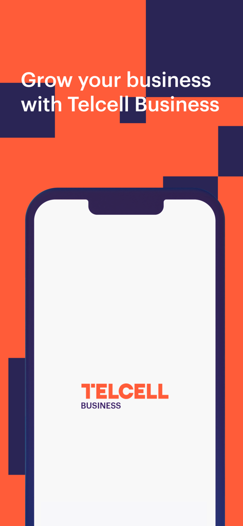 Telcell Business - Telcell Business app splash screen with the slogan Grow your business with Telcell Business displayed on a smartphone.