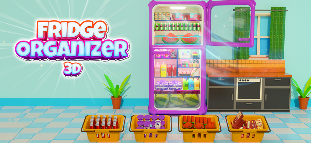 Fridge Organizer 3D Game - Main game screen of Fridge Organizer 3D showing a neatly stocked purple refrigerator and grocery baskets.