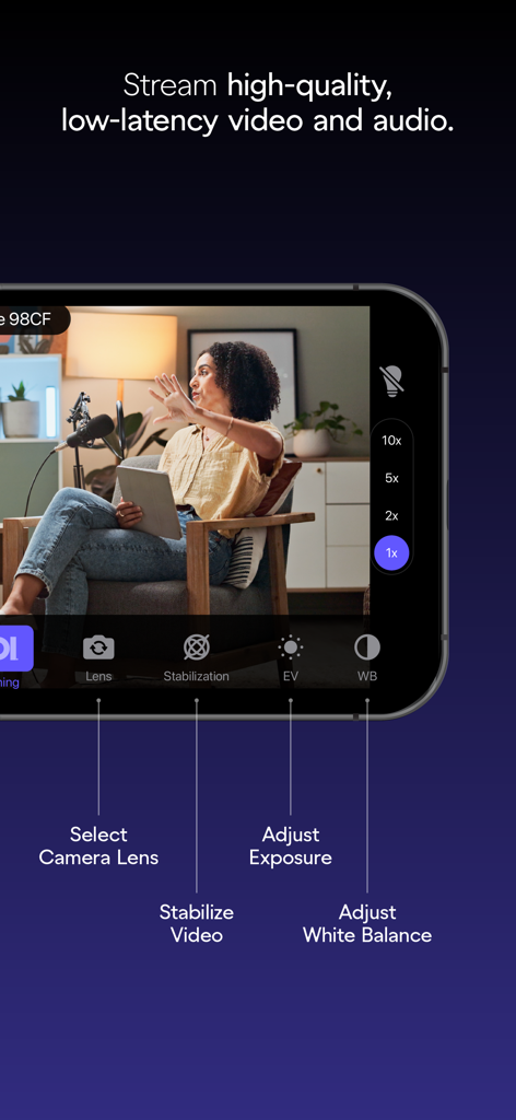 Interfaz de la aplicación NDI Camera en un smartphone mostrando controles profesionales de transmisión de video para selección de lente, estabilización, exposición y balance de blancos