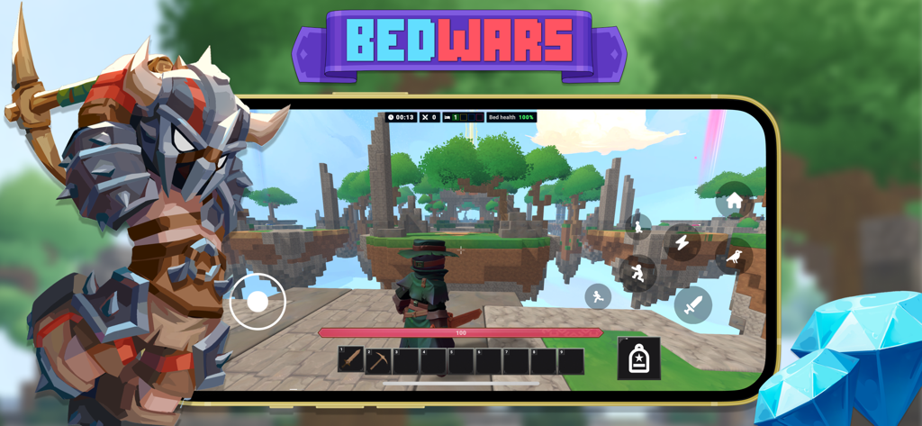 Jugabilidad móvil de Airship BedWars 2 con un personaje en islas flotantes y controles del juego