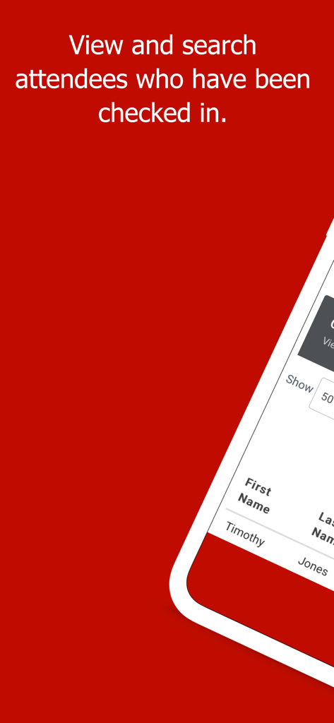Mobile app interface showing a searchable list of checked in event attendees