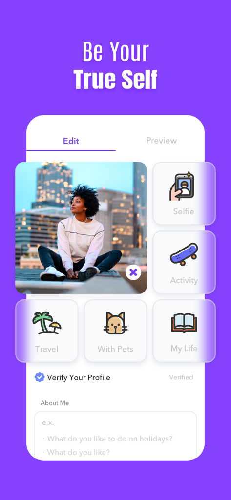 User profile editing interface on Duet dating app showing a photo and interest tags like travel and pets