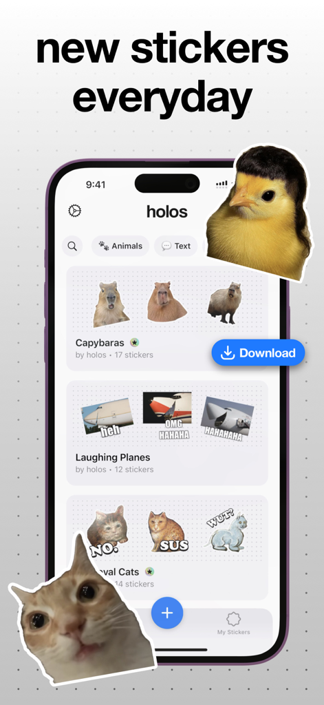 L'interface de l'application holos sticker maker présentant de nouveaux packs de stickers quotidiens, y compris des animaux et des mèmes.
