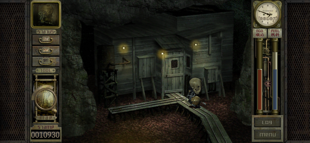 Garage: Bad Dream Adventure - A surreal biological machine character exploring an underground industrial environment with a complex retro UI.