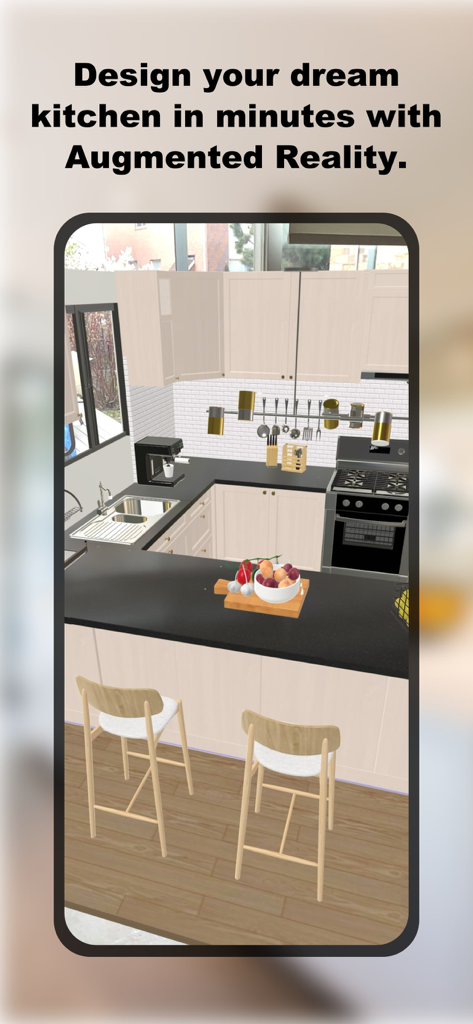 A smartphone screen showing a 3D augmented reality kitchen design with modern cabinets and black countertops