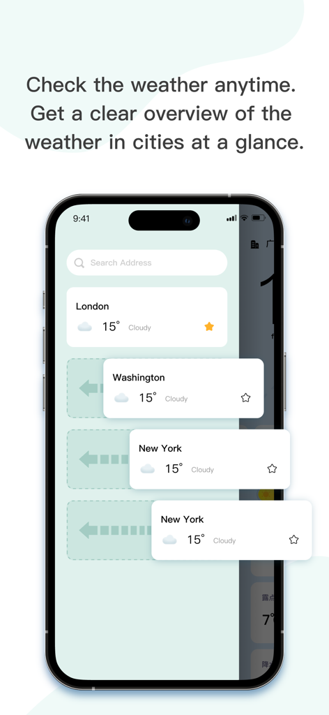 Weather Timeline app interface showing weather updates for multiple cities on an iPhone