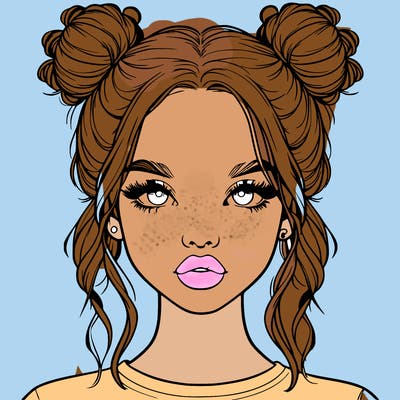 realistic girl with two buns in hair and lips