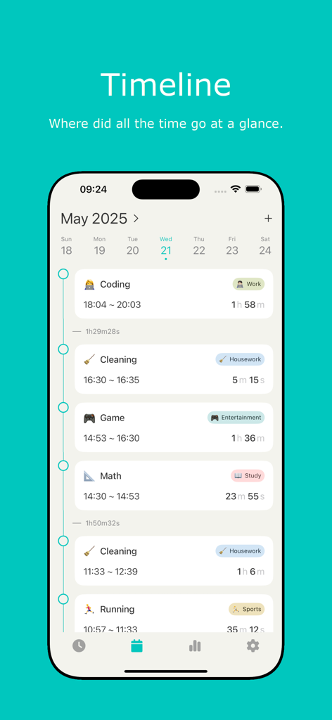Hours: Time Log & Work Tracker - Pantalla de iPhone que muestra la línea de tiempo de la aplicación Horas con una lista de actividades como codificación, limpieza y juegos registradas por duración.