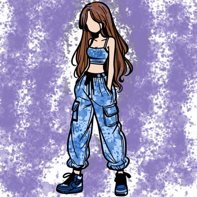 girl in baggy pants crop top and long hair