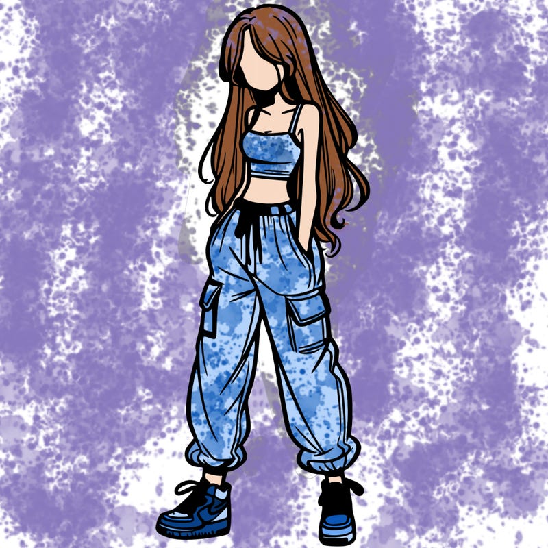 girl in baggy pants crop top and long hair