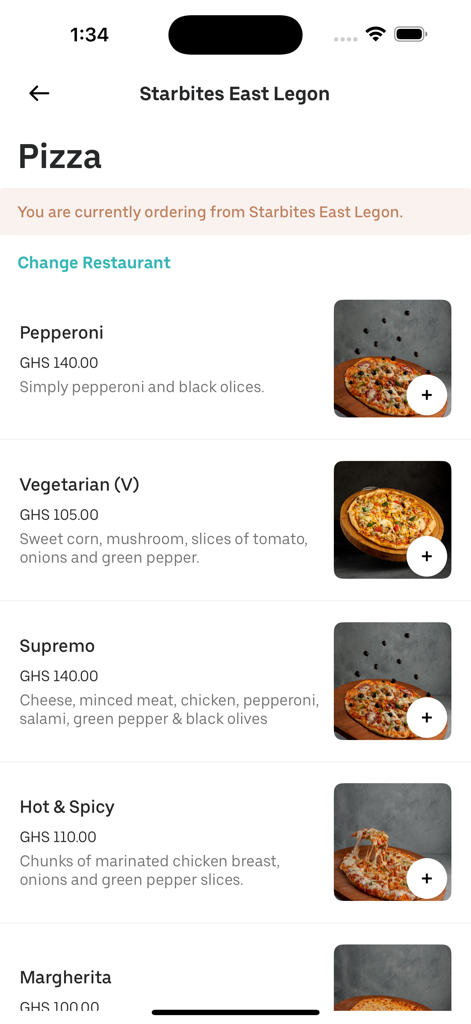Starbites mobile app screen showing a list of pizza options including Pepperoni and Vegetarian with prices and descriptions.