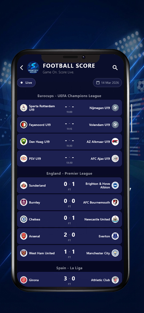 SportzFy app screenshot showing live football scores and match results for Premier League and La Liga