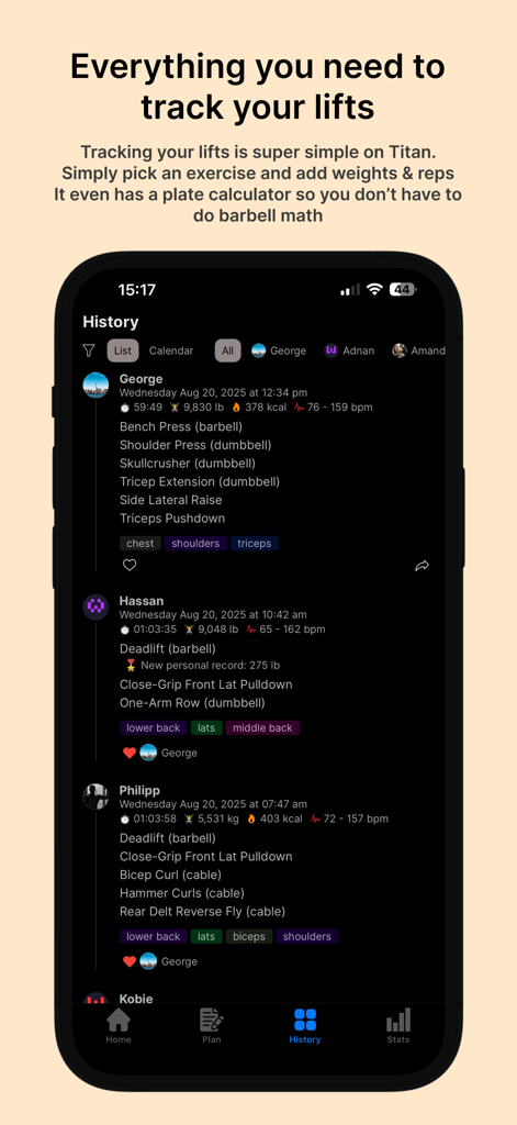 Titan Workout Tracker - Titan Workout Tracker history feed showing exercise logs and stats
