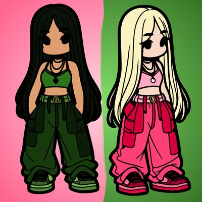 girl in baggy pants crop top and long hair