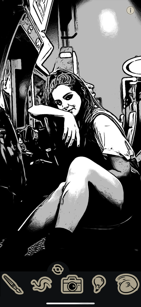 ToonCamera - A woman portrait with a black and white ink sketch effect in ToonCamera app
