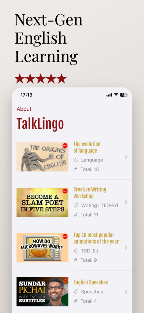 TalkLingo-Shadowing in English - Pantalla de la aplicación TalkLingo mostrando varios temas de aprendizaje de inglés para shadowing y práctica, incluyendo TED-Ed y discursos famosos
