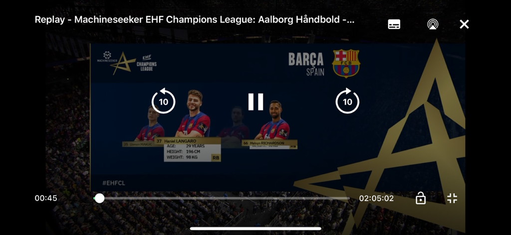 EveryPlay Live - EveryPlay Live app video player interface showing a replay of a handball match between Aalborg Handbold and Barca with player statistics on screen.