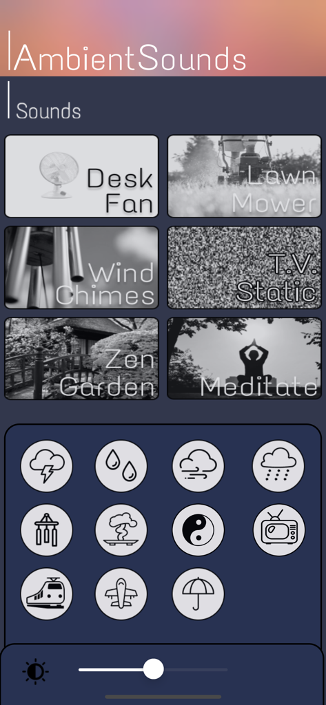 Ambient Sleep - Ambient Sleep app interface showing a selection of relaxing sound tiles and icons
