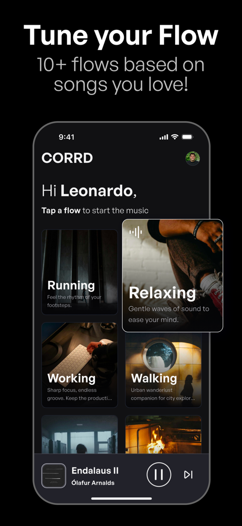 CORRD app interface displaying personalized music flows for different moods and activities like running and relaxing