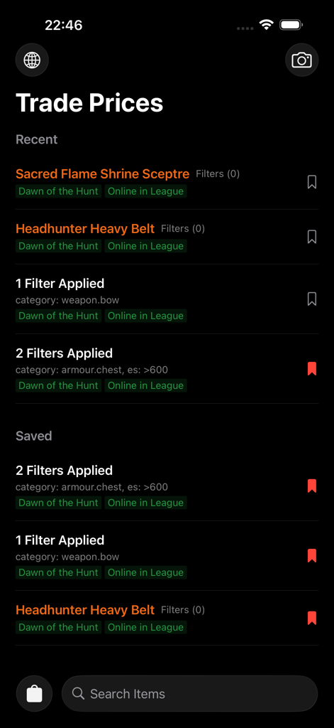 Trade prices screen in the Data of Exile app showing recent and saved item price searches for Path of Exile 2.