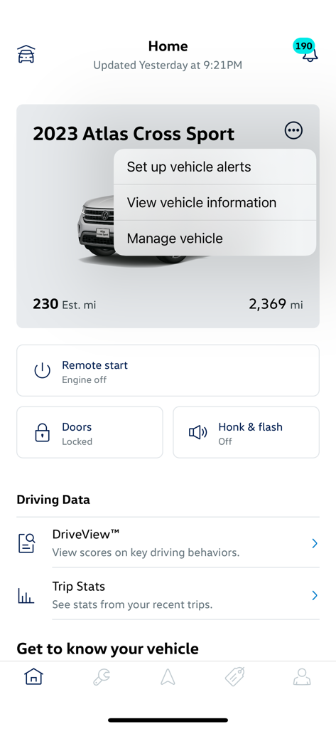 myVW - Screenshot of the myVW app home screen displaying a 2023 Atlas Cross Sport with remote engine start and vehicle status controls