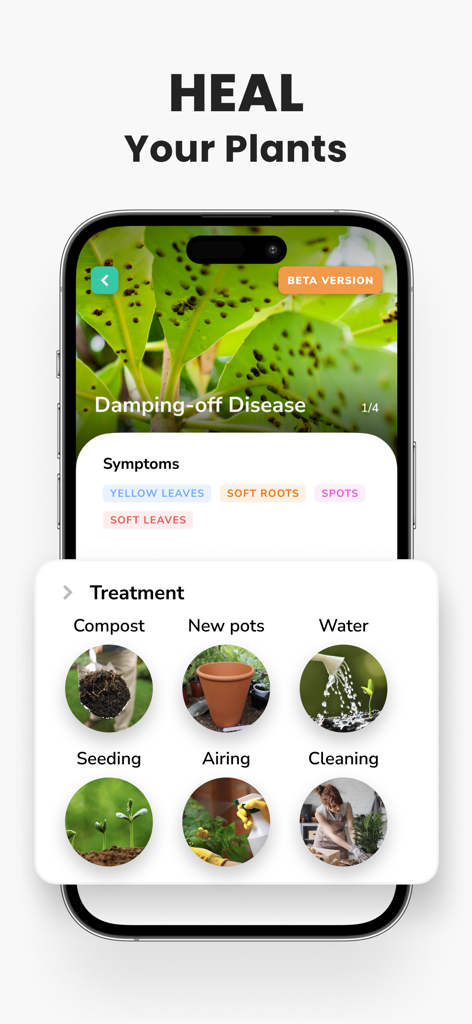Plant Identifier - PlantMe - PlantMe app screen showing damping-off disease diagnosis and recommended treatment steps
