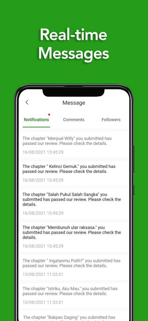 FameInk - Interface de l'application FameInk affichant les messages en temps réel et les notifications d'avis de chapitre pour les écrivains.