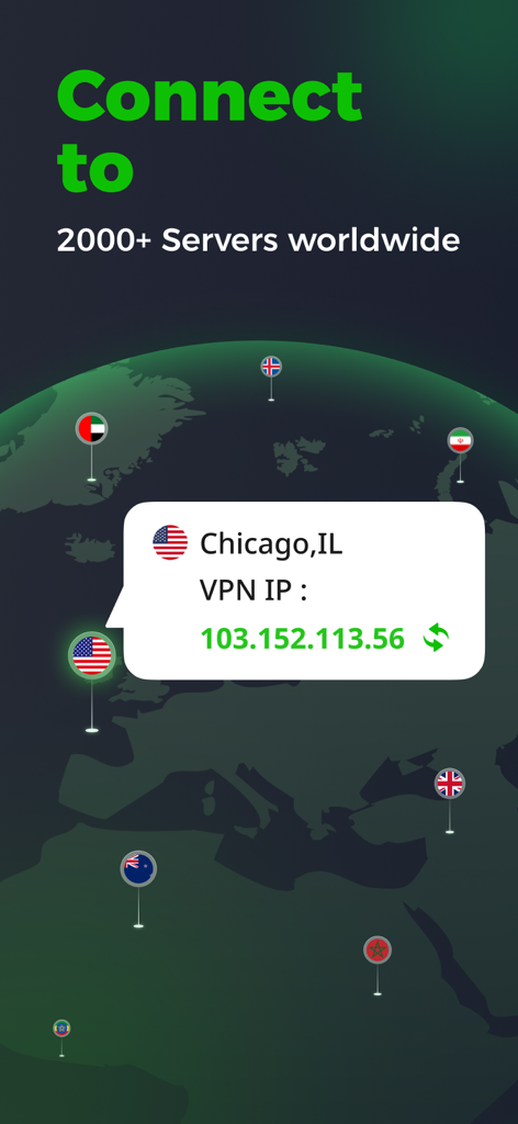 UFO VPN: Ultra Fast Secure VPN - Interface do aplicativo UFO VPN mostrando um mapa mundial com mais de 2.000 locais de servidores e uma conexão a um endereço IP de Chicago.