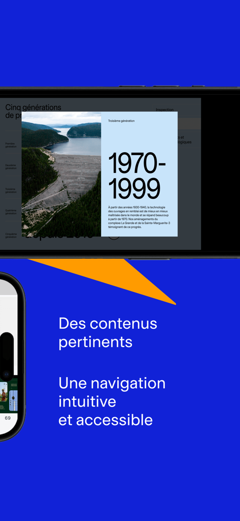 Hydro-Presse - Interfaz de la aplicación Hydro-Presse que muestra un artículo histórico sobre tecnología de presas de 1970 a 1999 y funciones de navegación intuitivas.