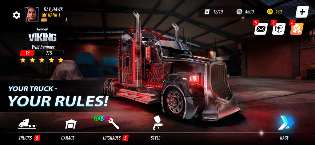 Big Rig Racing:Truck drag race - A customized black and red semi truck in the garage menu of the Big Rig Racing game