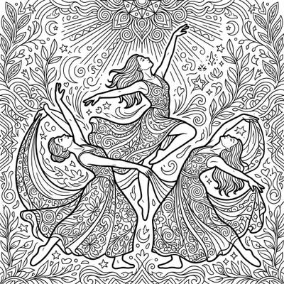 Embark on a mindful journey with this exquisite adult coloring page featuring graceful dancers amidst a celestial mandala. Designed for stress relief, its intricate details offer hours of creative meditation and spiritual connection.
