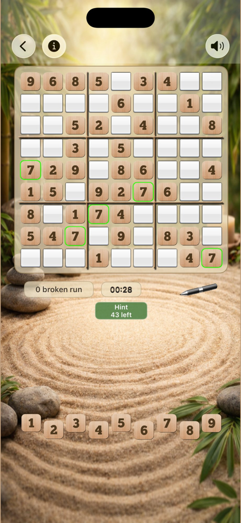 Sudoku Zen - Number Puzzle - Rompecabezas de Sudoku con fichas de madera sobre un sereno fondo de jardín zen