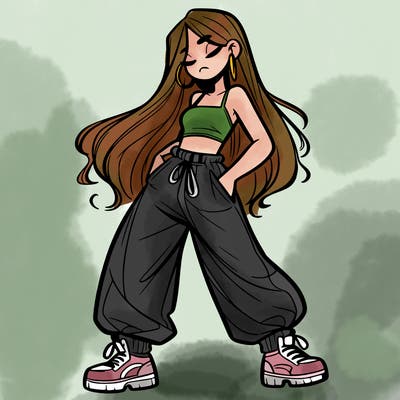 girl in baggy pants crop top and long hair