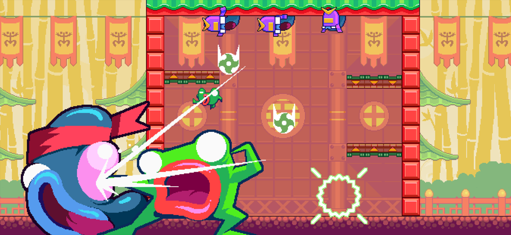 Green Ninja: Year of the Frog - A green frog character performing a powerful kung fu kick against a blue ninja in a vibrant pixel art dojo environment.