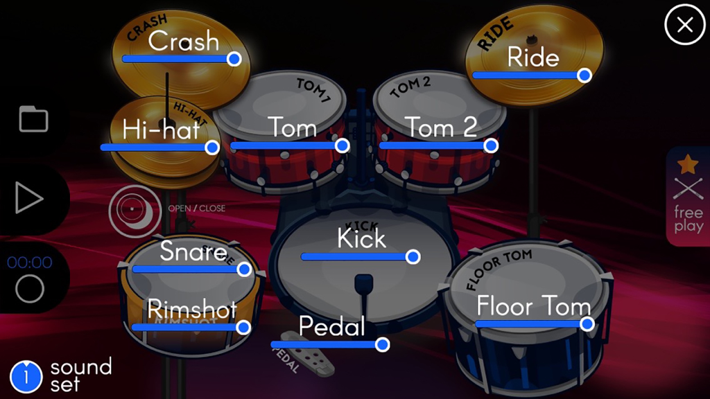 Real Drums 3D - A realistic 3D virtual drum kit interface with labeled drums and volume sliders