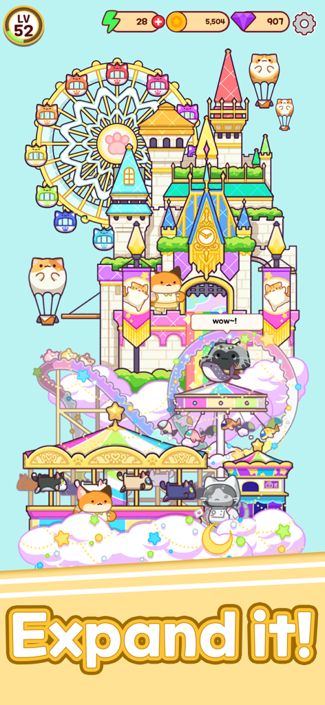 Merge Cat Cafe : Coffee cat - A colorful cat-themed theme park with a magical castle and ferris wheel.