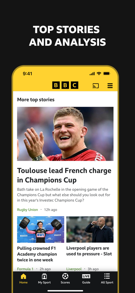 BBC Sport app interface displaying global sports news and analysis
