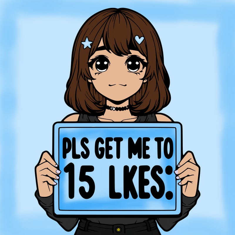 realistic girl holding up a sign that says “pls get me to 15 likes!”