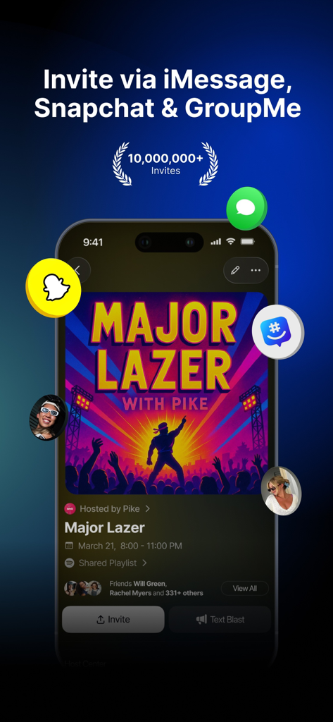 DoorList mobile app interface for hosting social events with invite options via iMessage, Snapchat, and GroupMe
