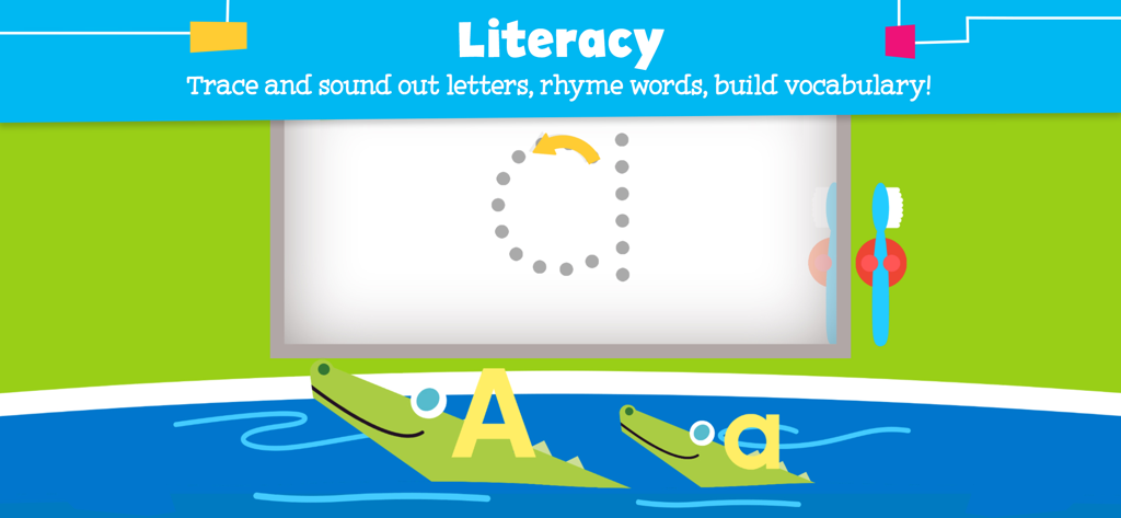 PBS Parents Play and Learn - Educational screen showing a child how to trace the letter a with interactive alligator characters