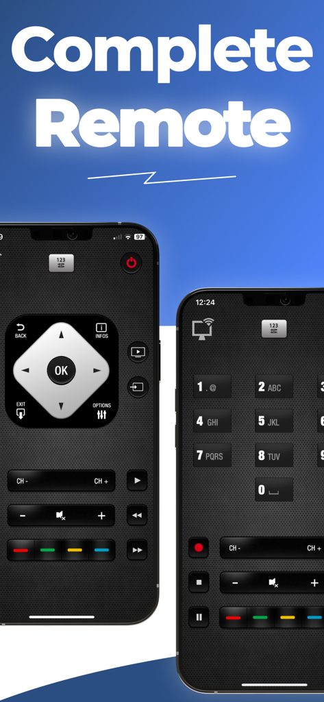 Phil : tv remote - Interfaz de la aplicación de control remoto Phil TV en dos iPhones mostrando botones de control y un teclado numérico