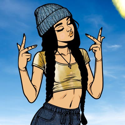 realistic teenage girl with braids and a beanie and crop top doing 🫶🏼