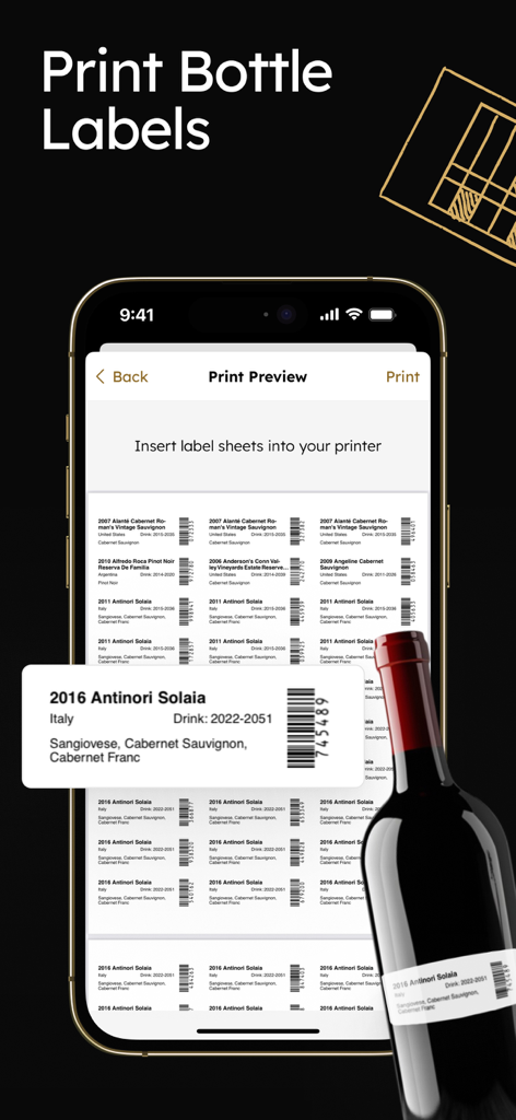 InVintory: Wine Bottle Tracker - InVintoryアプリ内でカスタムワインラベルの印刷プレビューを表示するスマートフォン