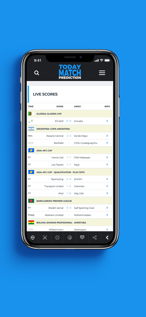 Today Match Prediction - 今日の試合予測アプリの画面、さまざまなグローバルリーグのライブサッカーのスコアと試合結果を表示