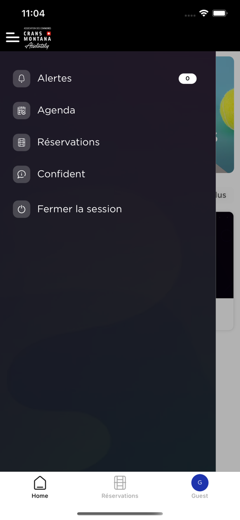 ACCM RESERVATIONS - Menú de navegación de la aplicación ACCM RESERVATIONS que muestra alertas, agenda y opciones de reservas