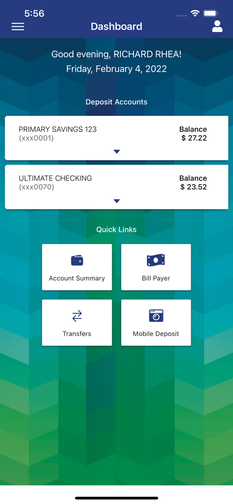 Advancial - Advancial app dashboard displaying account balances and quick links for banking services