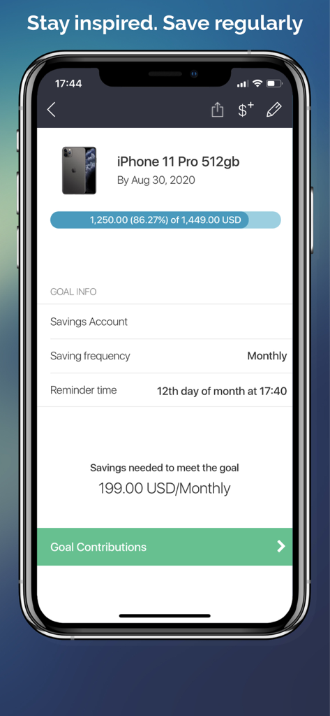Screenshot of the Money Goals Savings Box app showing a savings goal for an iPhone with a progress bar and monthly contribution details.