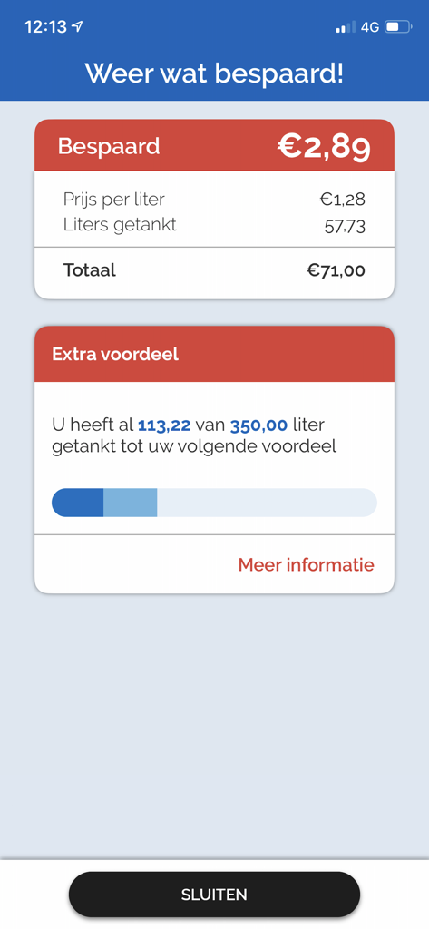 Pantalla de la aplicación móvil Tamoil que muestra un resumen de los ahorros de combustible y una barra de progreso para la próxima recompensa de fidelidad.