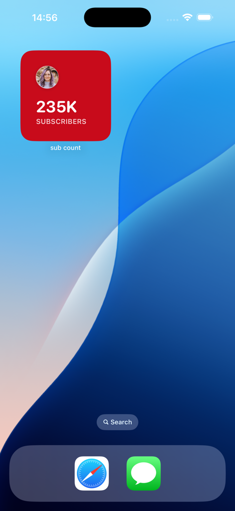 Sub Count - iPhone-Startbildschirm mit einem roten Abonnentenzahl-Widget, das 235.000 Abonnenten anzeigt